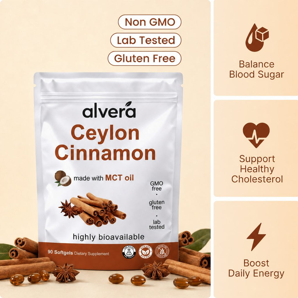 Alvera Ceylon Cinnamon Softgels pouch, 90 softgels with MCT oil