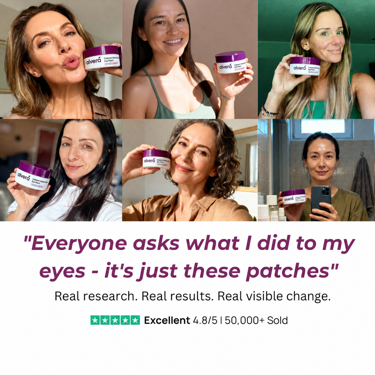 Six customers holding the Alvera Calcium Volume Eye Patch tub