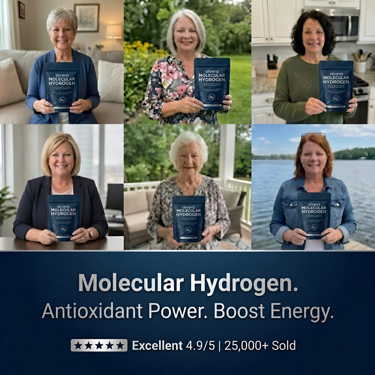 Real customers holding Alvera Molecular Hydrogen - antioxidant power, boost energy