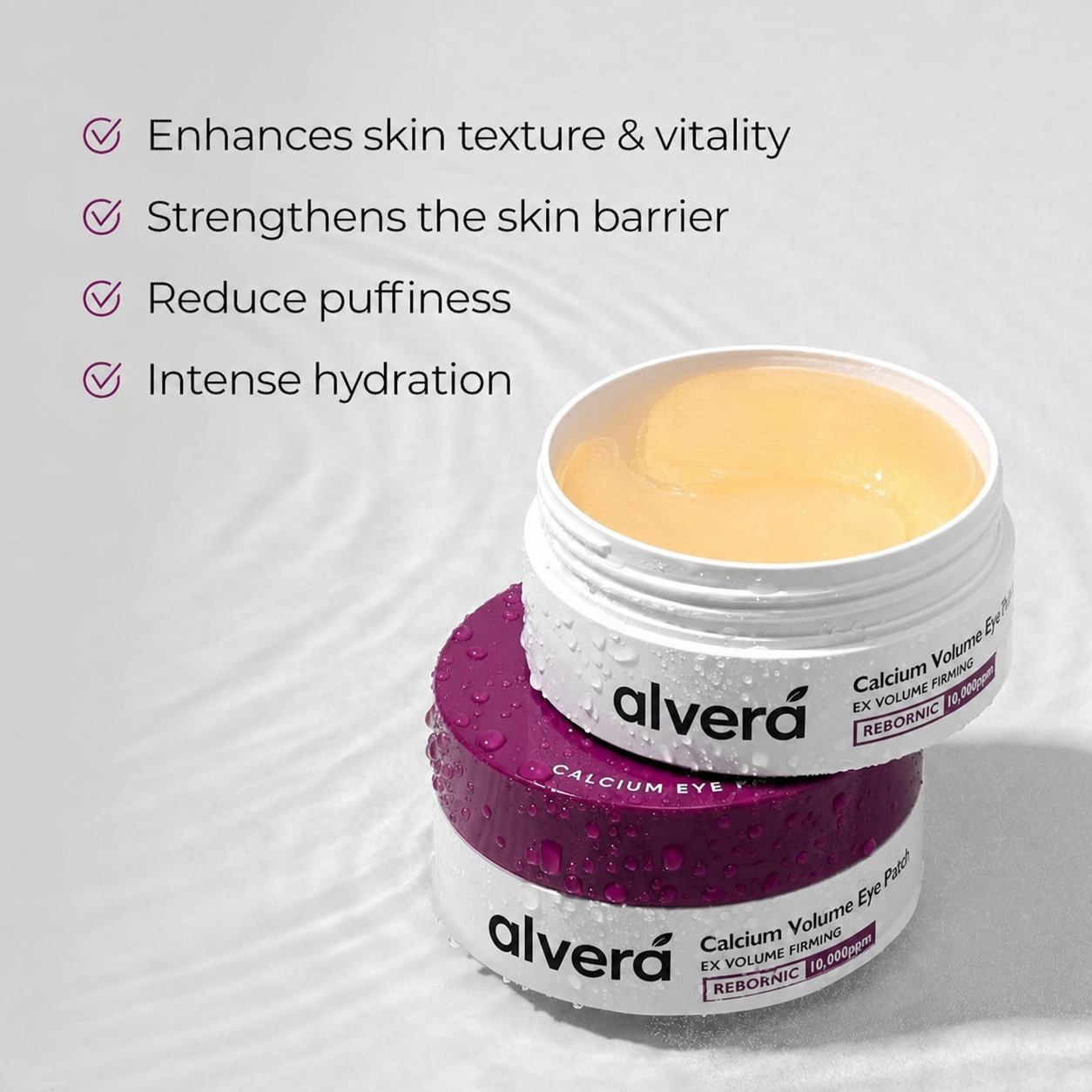 Alvera Calcium Volume Eye Patch tubs with key benefits