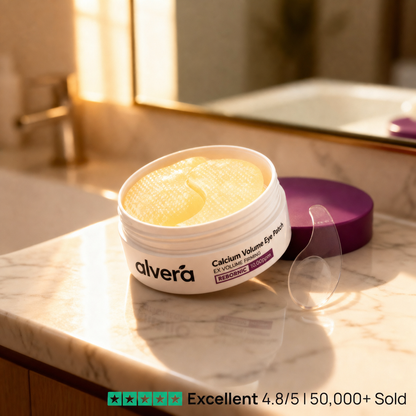 Alvera Calcium Volume Eye Patch tub open on a marble bathroom counter