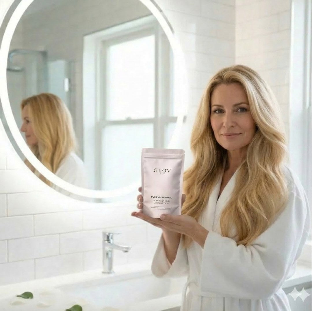 Woman holding the pouch in a bathroom