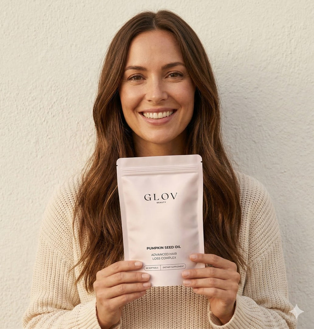 Woman holding the pumpkin seed oil hair complex pouch