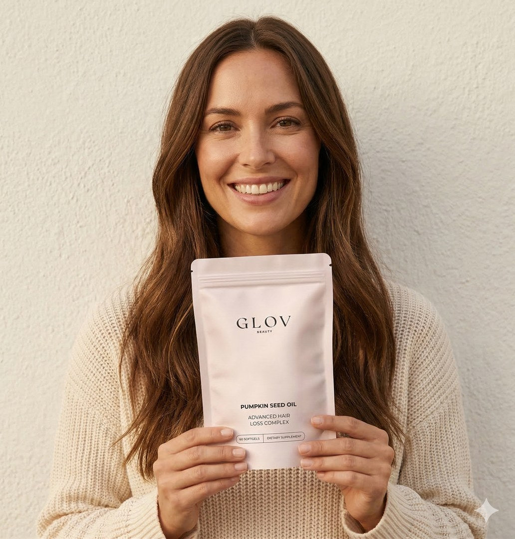 Woman holding the pumpkin seed oil hair complex pouch
