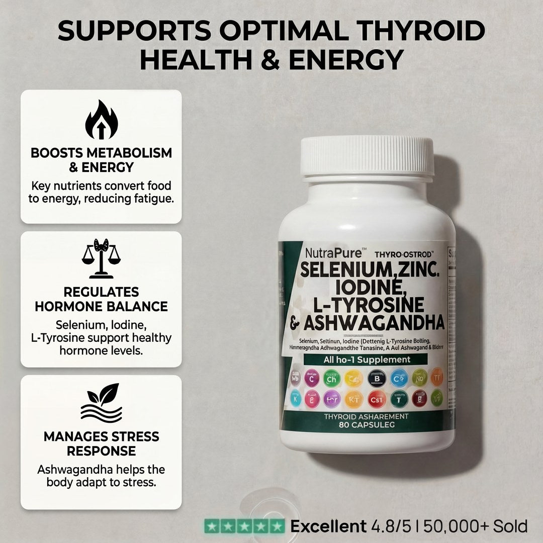 Comprehensive Thyroid Support bottle: selenium, zinc, iodine, L-tyrosine and ashwagandha