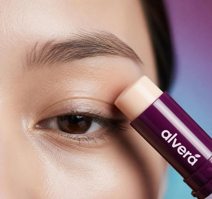 Close-up of the balm stick tip gliding over skin near the eye
