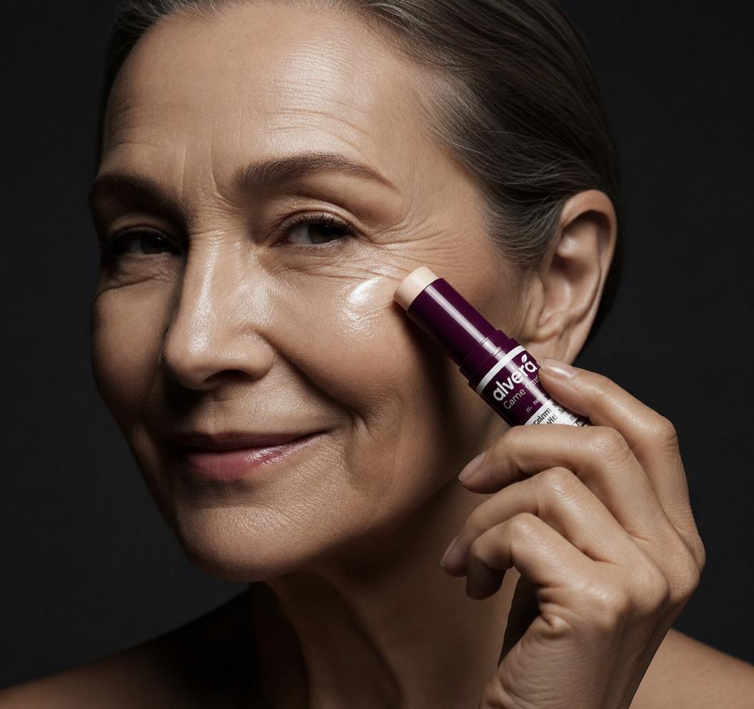 Applying the balm stick to cheek wrinkles