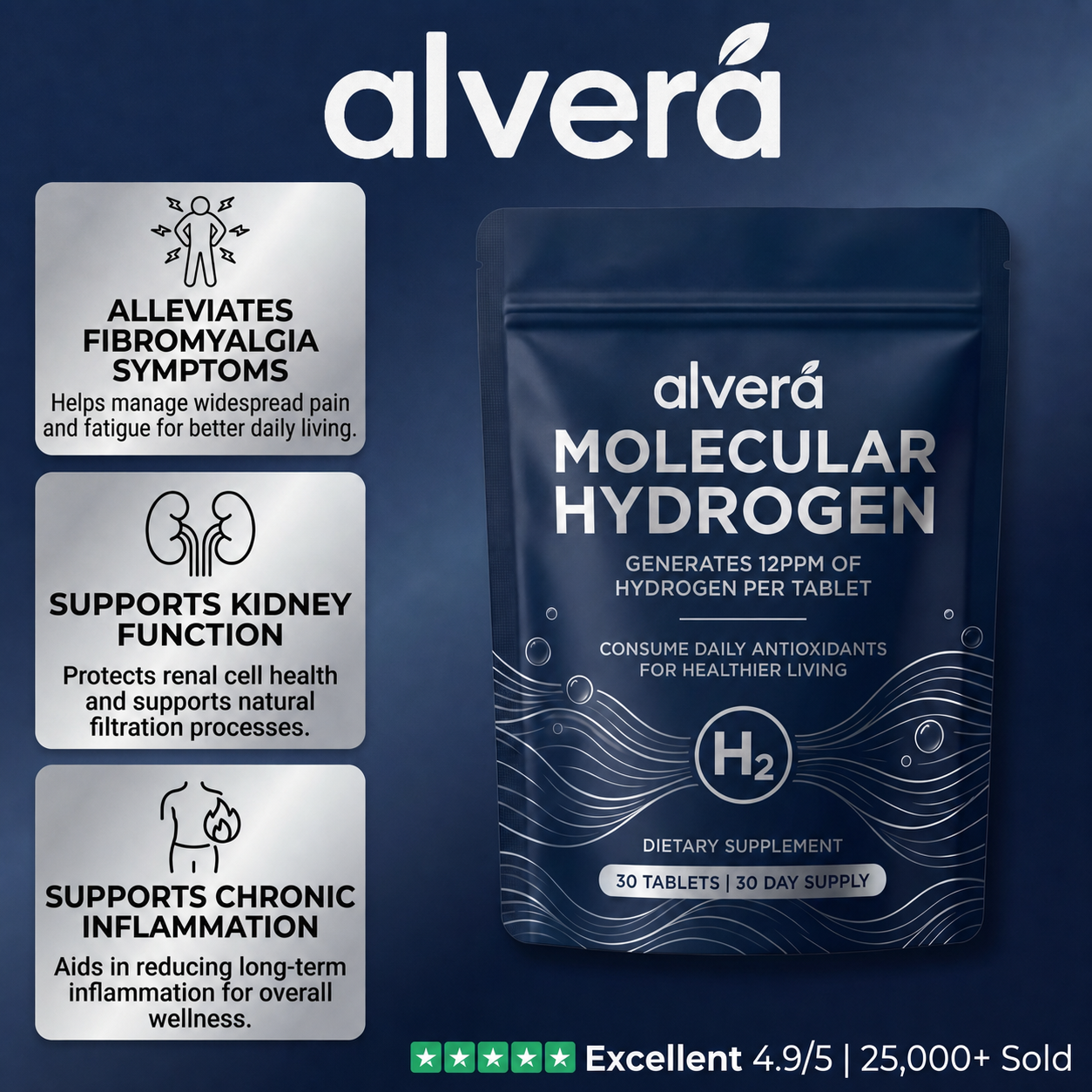 Alvera Molecular Hydrogen Water Tablets - eases everyday aches, supports kidney function and chronic inflammation