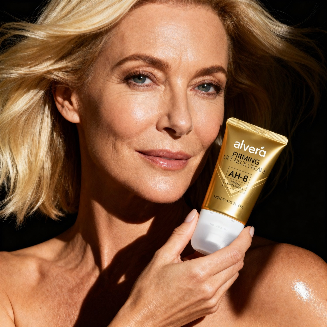 Woman holding Neck Tightening Cream